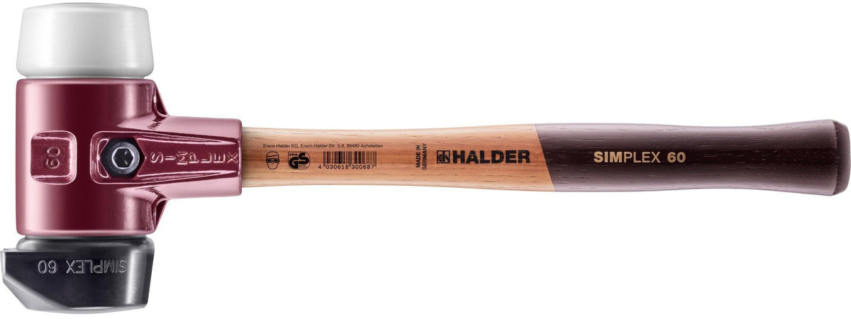SIMPLEX Schonhammer 405 mm von HALDER – 2 Schlagköpfe, Temperguss-Gehäuse, Holzstiel
