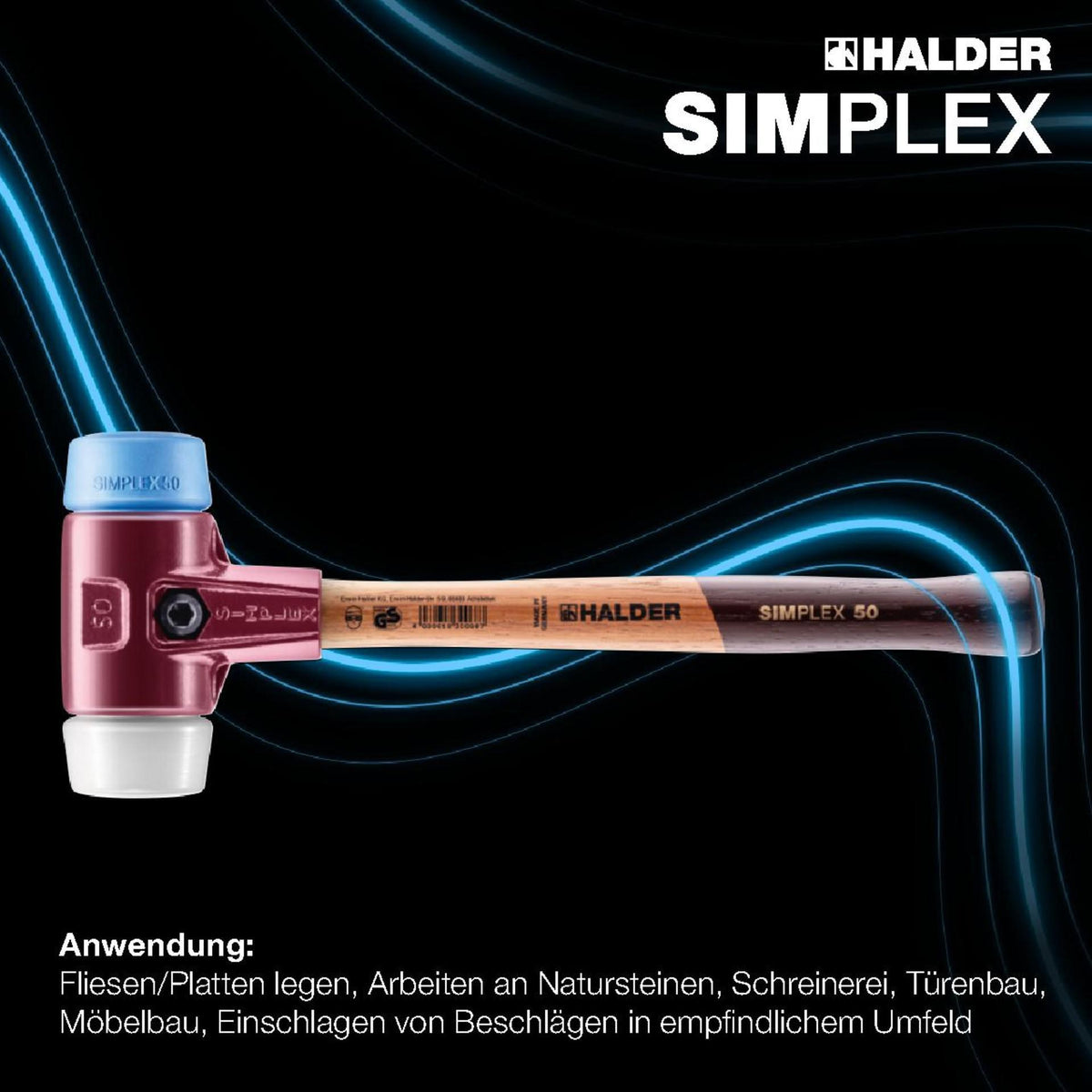 SIMPLEX Schonhammer von HALDER, 300 mm, Kopf-Ø 30 mm, Einsätze TPE-soft blau und Superplastik weiß