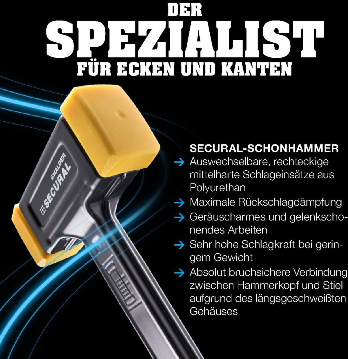 HALDER Schonhammer SECURAL rückschlagfrei 300 mm, mittelhart, Polyurethan gelb