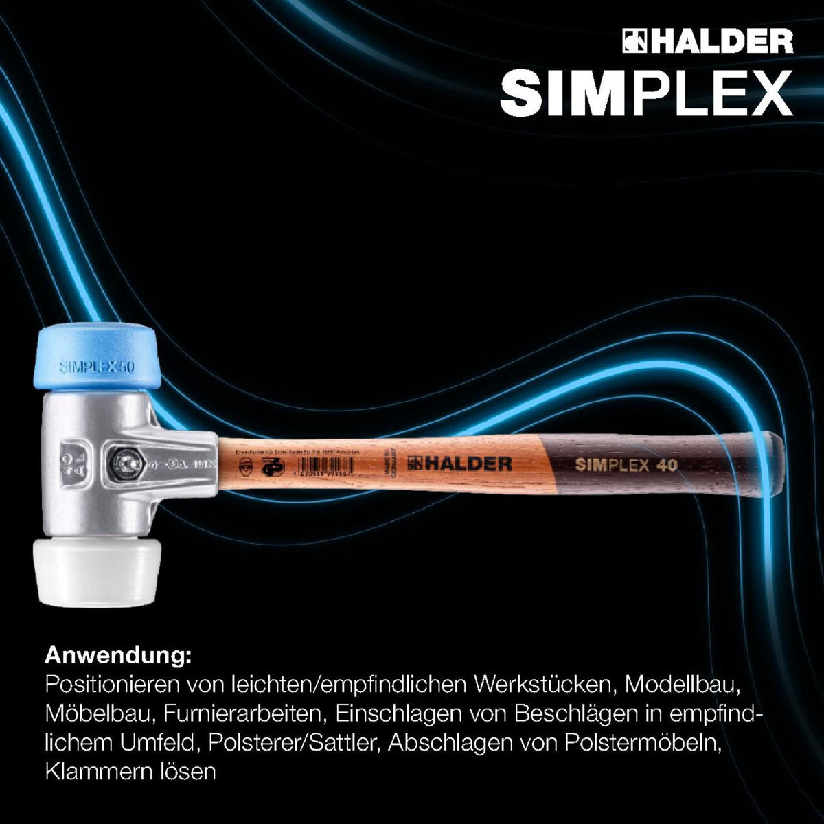 SIMPLEX Schonhammer 330 mm, Kopf-Ø 50 mm, weich/mittelhart, Holzstiel, Aluminiumgehäuse von HALDER