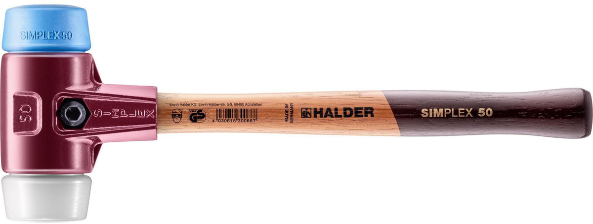 SIMPLEX Schonhammer von HALDER, 300 mm, Kopf-Ø 30 mm, Einsätze TPE-soft blau und Superplastik weiß