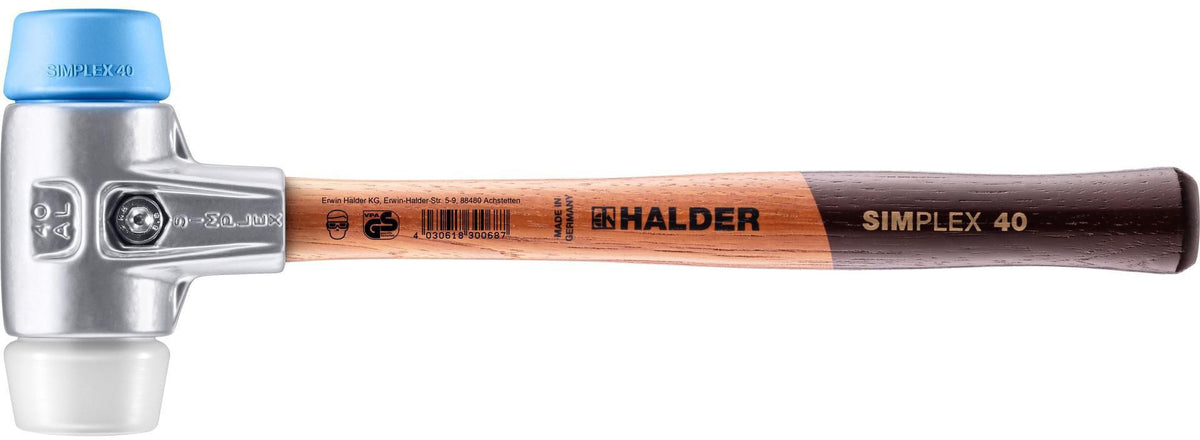 HALDER SIMPLEX Schonhammer 300 mm Holzstiel, Superplastik weiß/TPE-soft blau, Kopf-Ø 30 mm