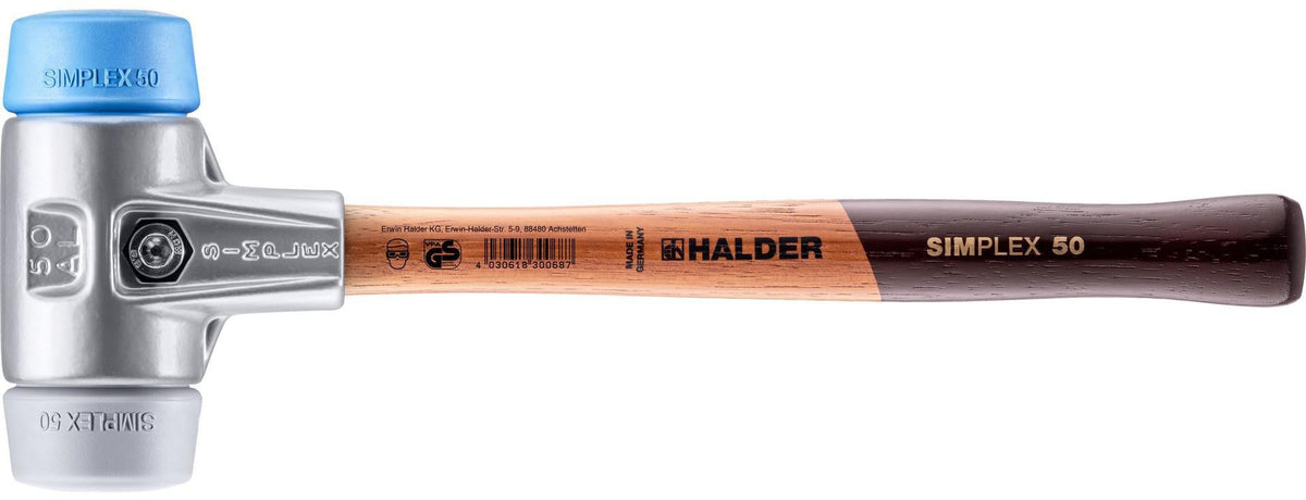 SIMPLEX Schonhammer 295 mm von HALDER – Weich/Mittelhart mit Holzstiel und TPE-Einsätzen