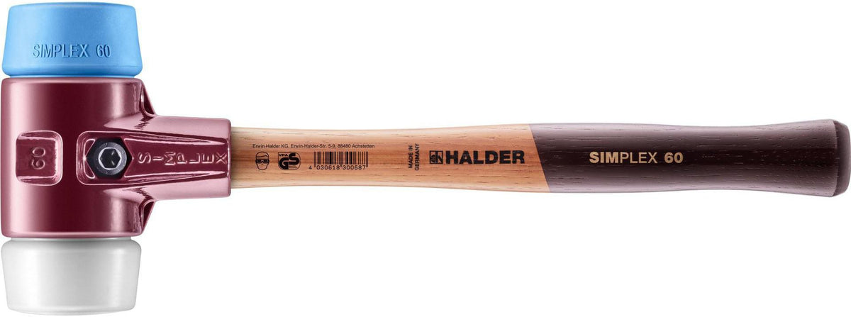 SIMPLEX Schonhammer von HALDER, 300 mm, Kopf-Ø 30 mm, Einsätze TPE-soft blau und Superplastik weiß