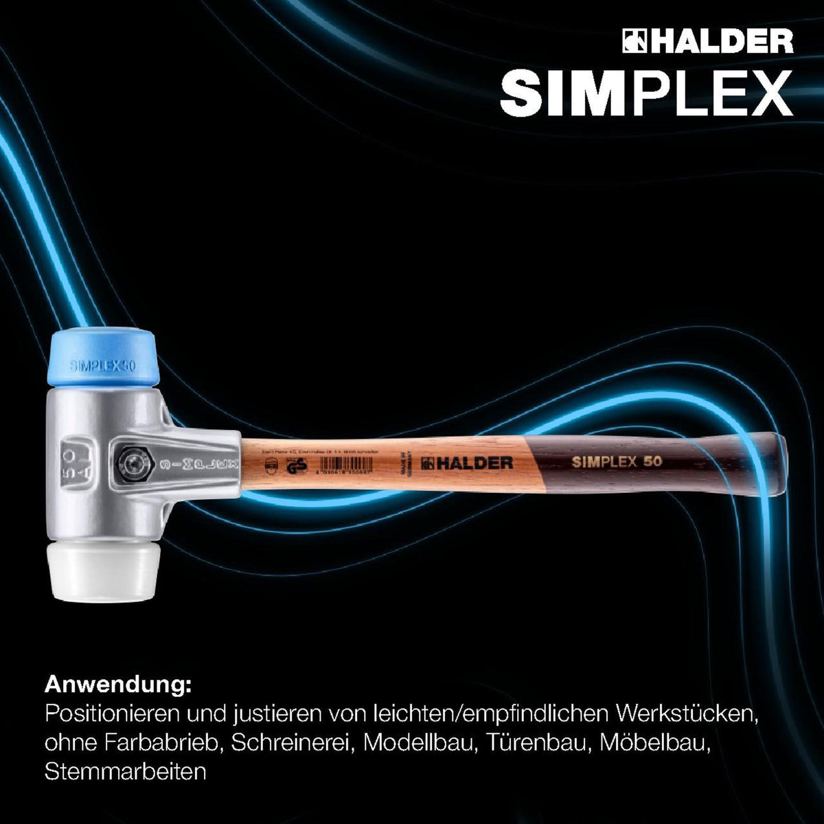 HALDER SIMPLEX Schonhammer 300 mm Holzstiel, Superplastik weiß/TPE-soft blau, Kopf-Ø 30 mm