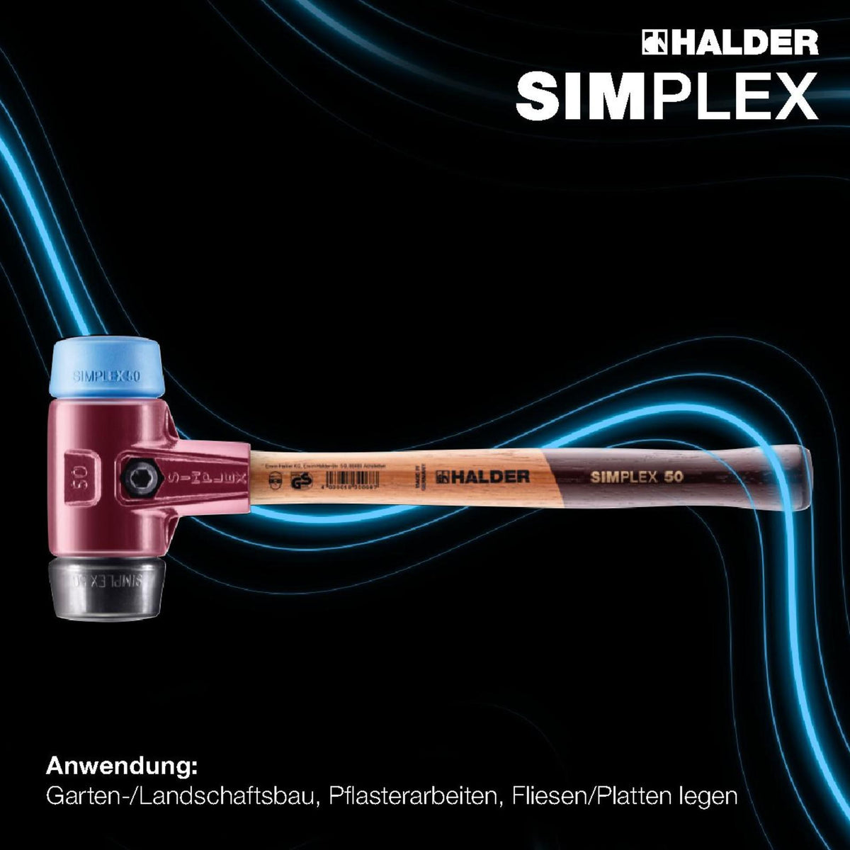HALDER Schonhammer SIMPLEX 300 mm Holzstiel, TPE-soft blau/Gummi schwarz, 30 mm Kopf