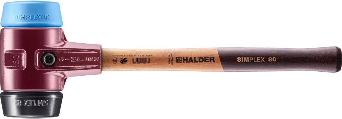 HALDER Schonhammer SIMPLEX 300 mm Holzstiel, TPE-soft blau/Gummi schwarz, 30 mm Kopf