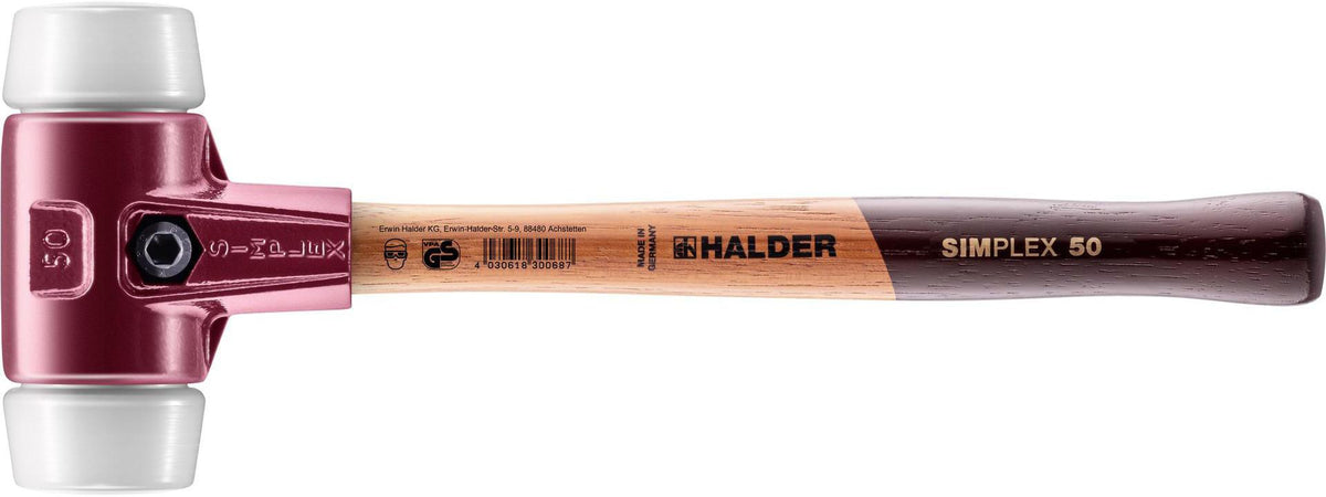 HALDER SIMPLEX Schonhammer 350 mm, Superplastik weiß, mittelhart, Holzstiel