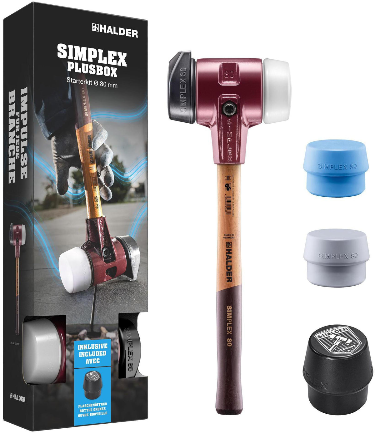 HALDER SIMPLEX Schonhammer Starterkit 180 mm, Kopf-Ø 80 mm, mit Flaschenöffner und 2 Einsätzen