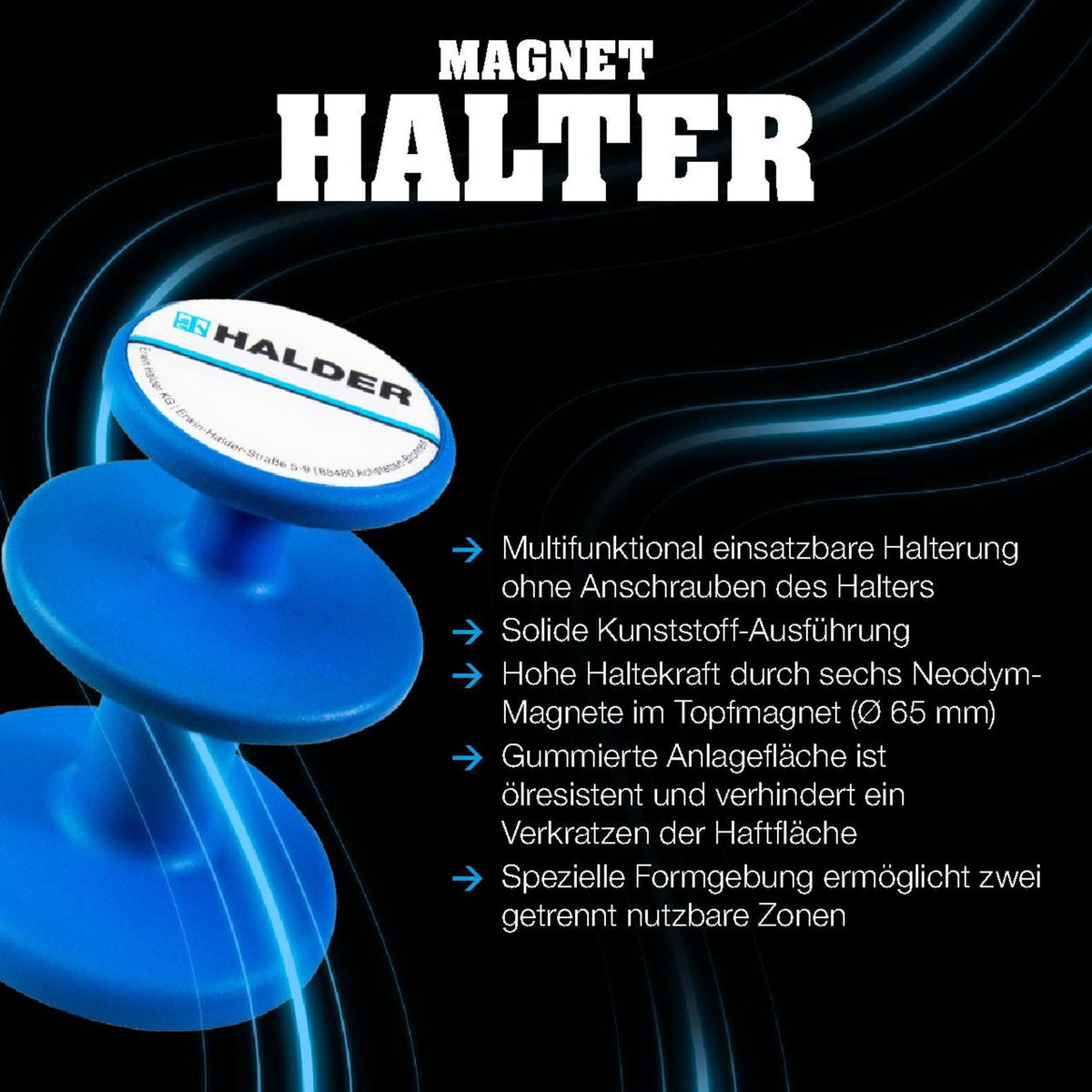 HALDER Magnethalter Ø 65 mm schwarz – 6 Neodym-Magnete, hohe Haltekraft, kratzfest