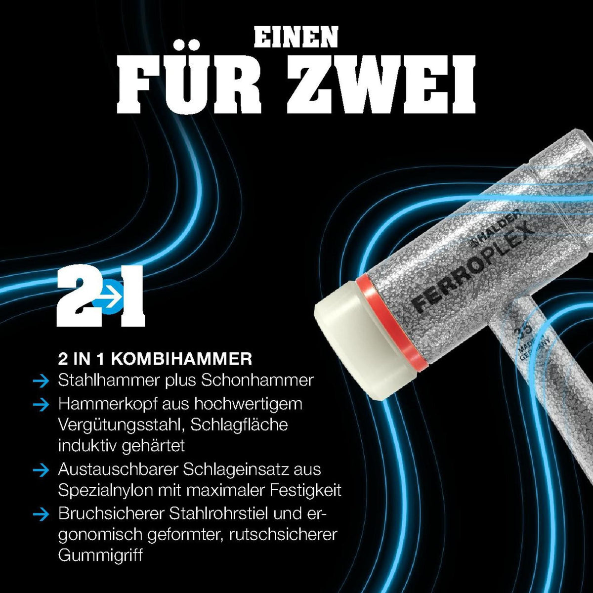 HALDER FERROPLEX Schon- und Schlosserhammer 290 mm Stahlrohrstiel, harter Schlag, Nylon/Vergütungsstahl