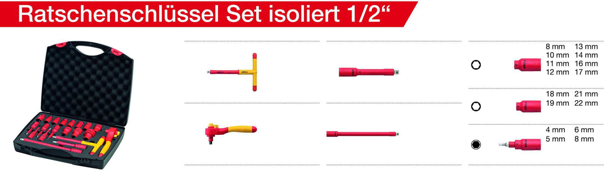 Wiha Ratschenschlüsselset 21-teilig 3/8 Zoll 8-22 mm isoliert bis 1000 V AC