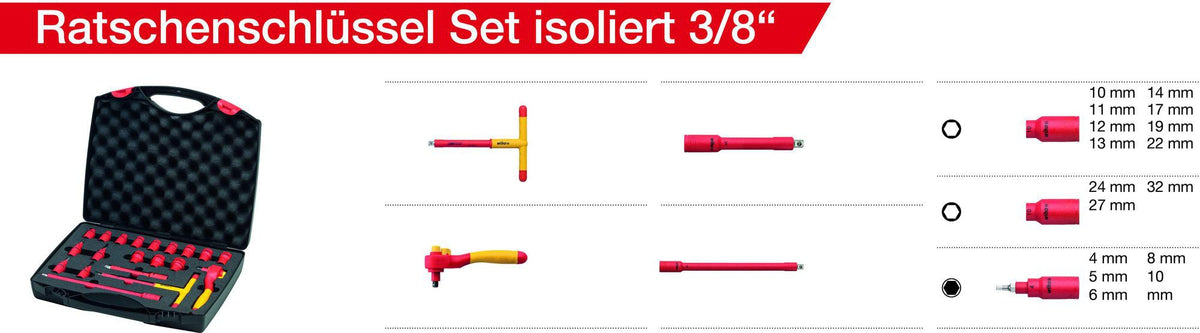 Wiha Ratschenschlüsselset 21-teilig 3/8 Zoll 8-22 mm isoliert bis 1000 V AC