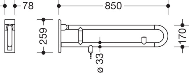 HEWI Stützklappgriff Serie 801 mit WC-Spülauslösung, 850 mm, Senfgelb