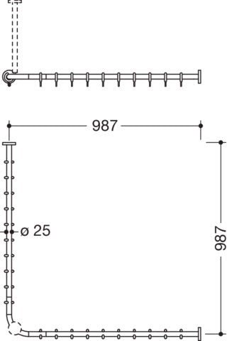 HEWI Vorhangstange System 900, 987 x 987 mm, 20 Ringe, verchromt, Edelstahl