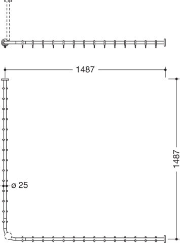 HEWI Duschvorhangstange System 900, 1487 x 1487 mm, Edelstahl matt geschliffen, 28 Ringe