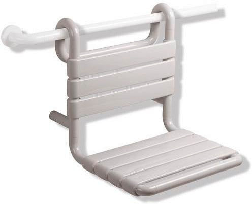 HEWI Einhängesitz Serie 801 senfgelb – 450 mm breit, mit Rückenlehne, bis 150 kg, für Duschhandläufe