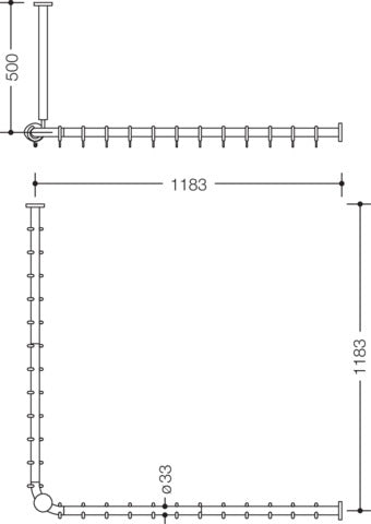 HEWI Vorhangstange Serie 801, 90° Ecke, 20 Ringe, Deckenabhängung, koralle, kürzbar