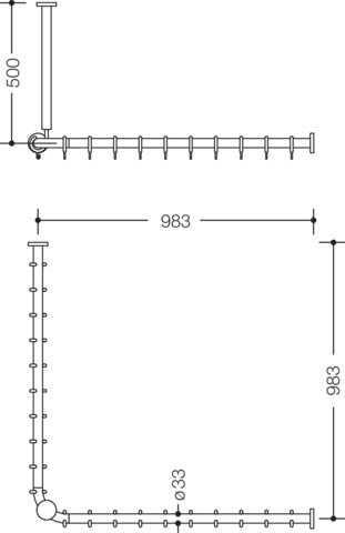 HEWI Vorhangstange Serie 801 Eckform mit Deckenabhängung 1000 x 1000 mm, 20 Ringe, senfgelb