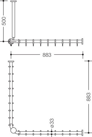 HEWI Vorhangstange Serie 801 mit Deckenabhängung, 900 x 900 mm, 18 Ringe, senfgelb