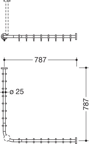 HEWI Vorhangstange System 900, 787 x 787 mm, 16 Ringe, verchromt, für Duschwanne 800 x 800 mm