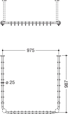 HEWI Vorhangstange System 900 U-förmig 987 x 975 x 987 mm, 28 Ringe, Schwarz tiefmatt