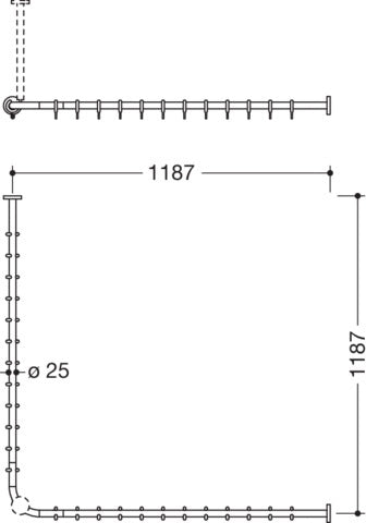 HEWI Vorhangstange System 900, 1187 x 1187 mm, Edelstahl matt geschliffen, 24 Ringe
