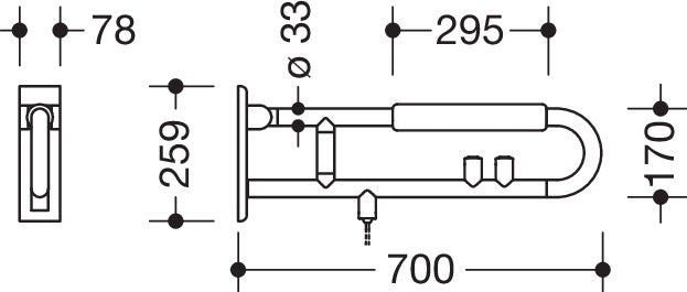 HEWI Stützklappgriff Serie 801 E-Ausführung mit WC-Spülauslösung und Armpolster, 700 mm, Senfgelb