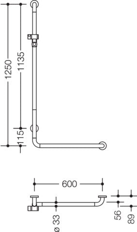 HEWI Winkelgriff Serie 801 mit Brausehalter, 1250 x 600 mm, senfgelb, Polyamid/Stahl