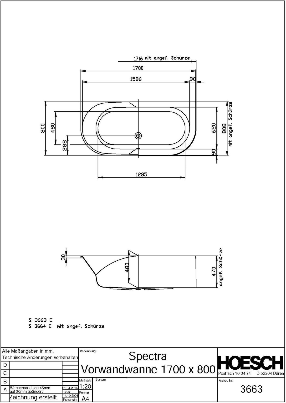 HOESCH SPECTRA Vorwand-Badewanne 1700x800 mm Weiß – Acryl, antibakteriell, ohne Schürze