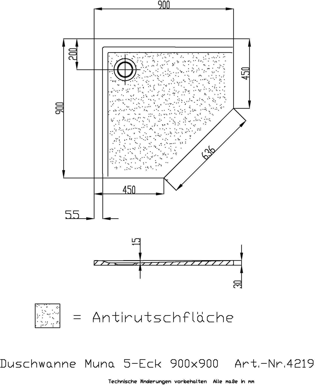 HOESCH Muna Fünfeck-Duschwanne 900x900x30 SoliquePRO mit Antirutsch, Weiß