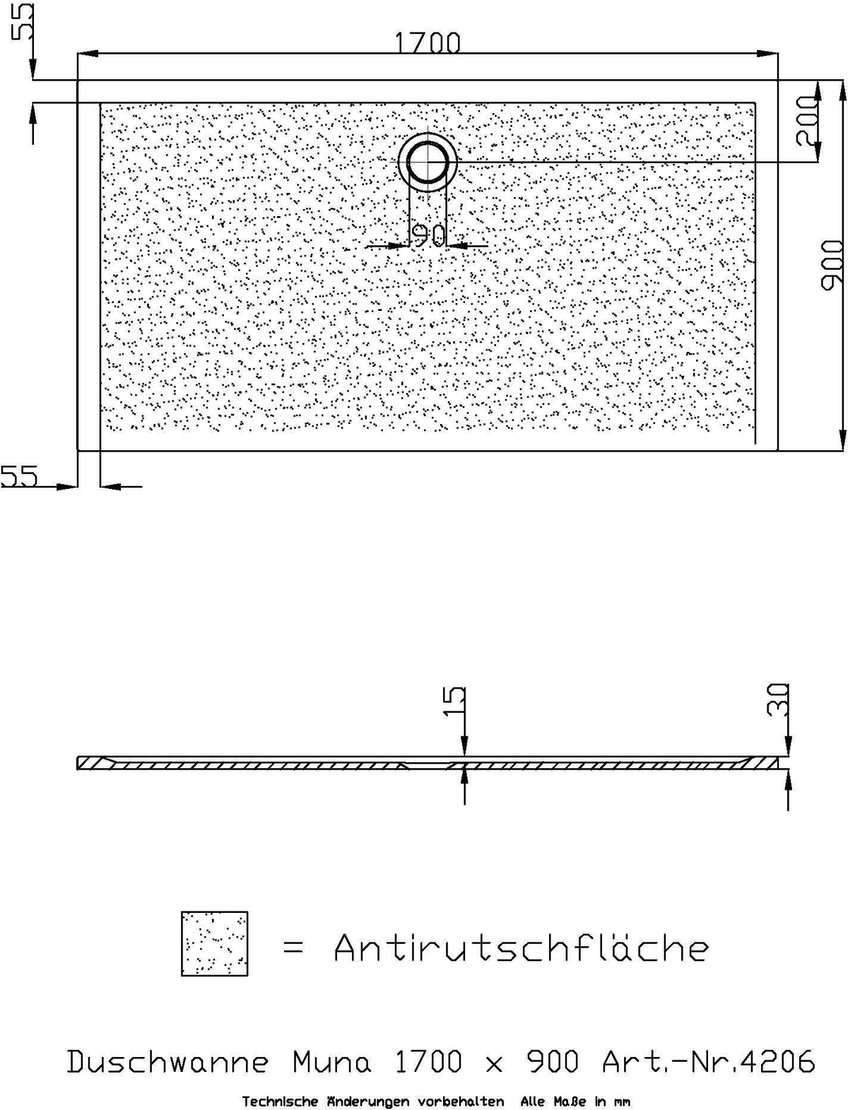 HOESCH Muna Duschwanne 900x700x30 Solique Weiß mit Antirutsch