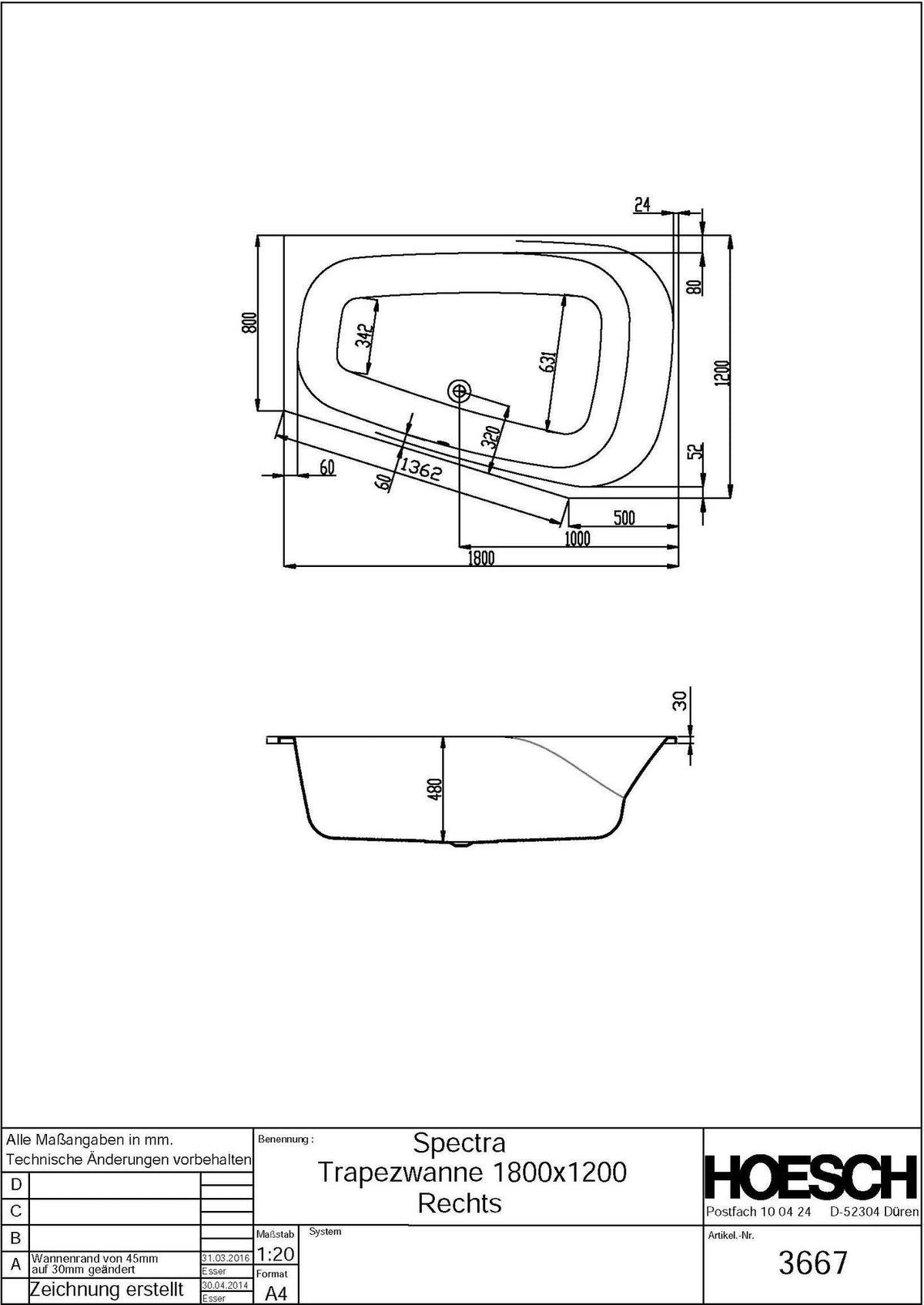 HOESCH SPECTRA Raumsparbadewanne 1800 x 1200 mm links weiß Acryl