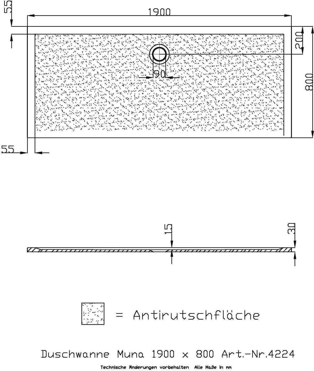 HOESCH Muna Duschwanne 900x700x30 Solique Weiß mit Antirutsch