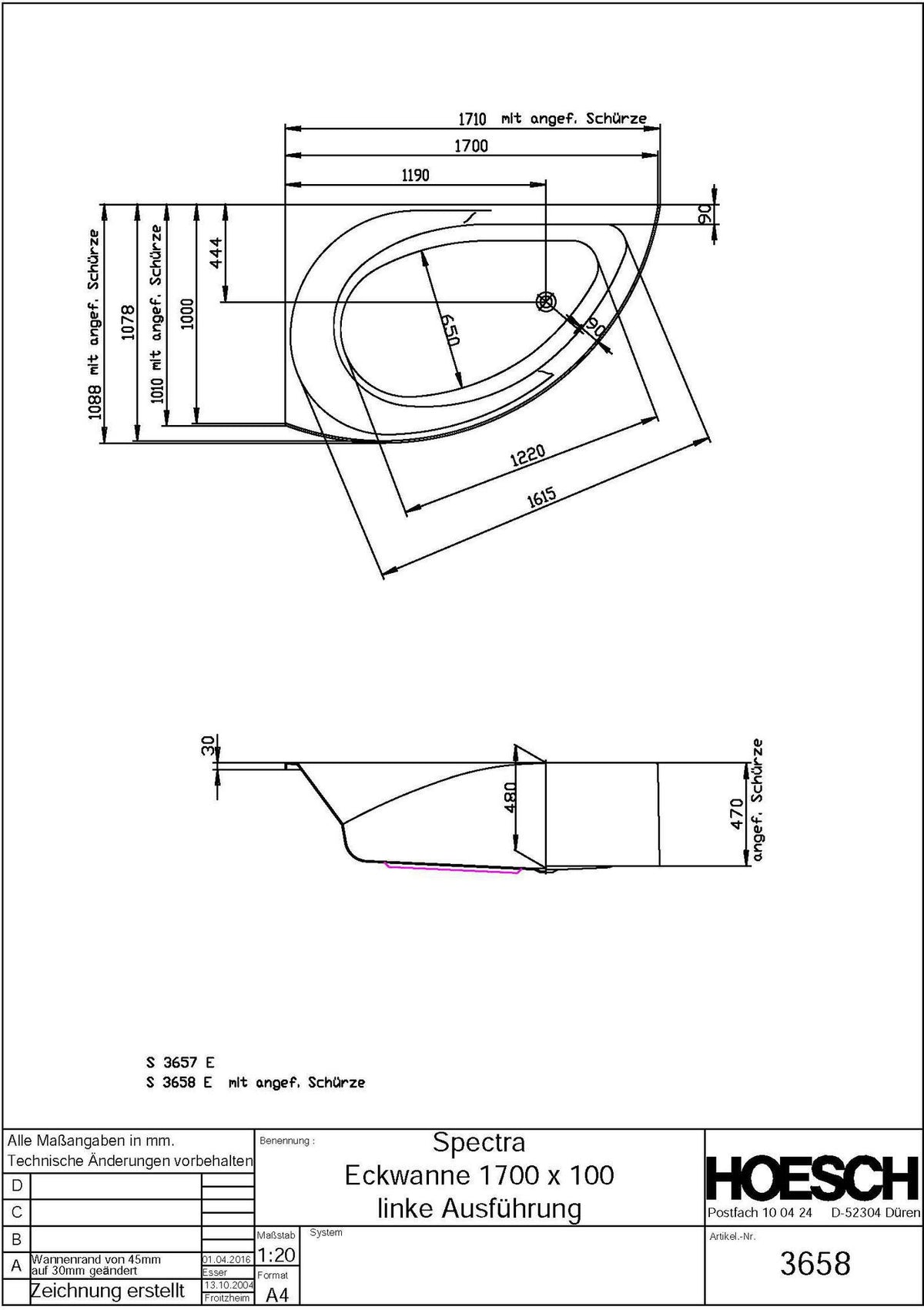 HOESCH Spectra Eckbadewanne 1700x1000 links ohne Schürze, Weiß – Acryl, 275 l, links