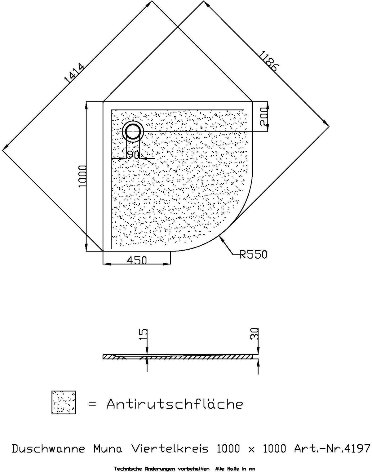 HOESCH Muna Viertelkreis-Duschwanne 800x800x30 SoliquePRO Weiß mit Antirutsch