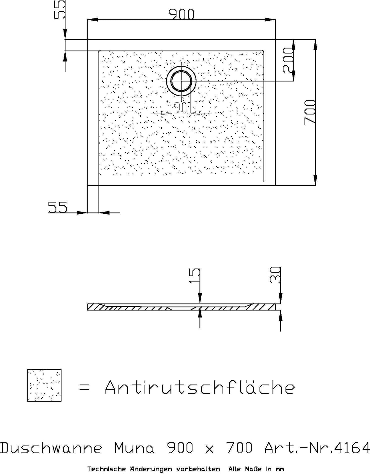 HOESCH Muna Duschwanne 900x700x30 Solique Weiß mit Antirutsch