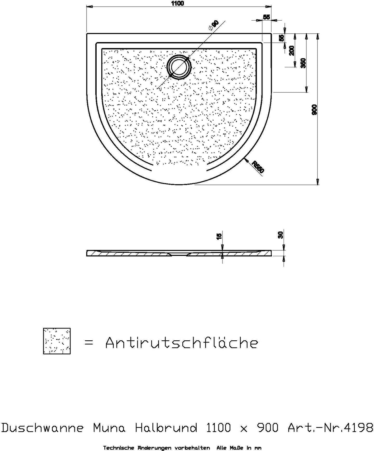 HOESCH Muna Halbrund Duschwanne 1000x1000x30 mit Antirutsch, SoliquePRO, Weiß