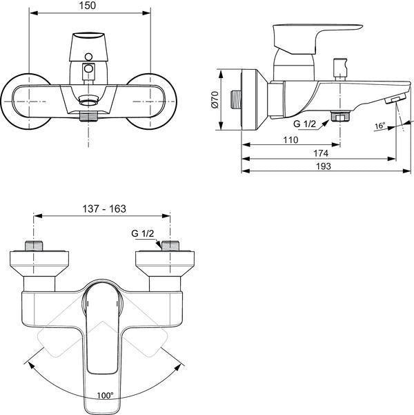 Ideal Standard Badearmatur Connect Air 174 mm Chrom – Wand-Aufputz Einhandhebelmischer