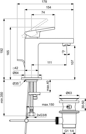 Ideal Standard Extra Waschtischarmatur 111 mm mit Ablaufgarnitur Silver Storm