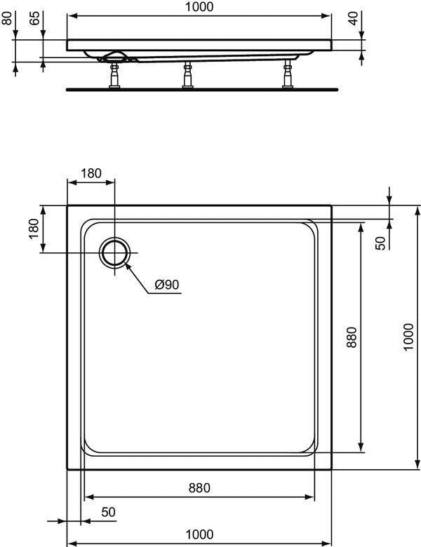 IDEAL STANDARD Hotline Neu Quadrat-Brausewanne 1000x1000x80 mm in Weiß – Sanitäracryl glänzend