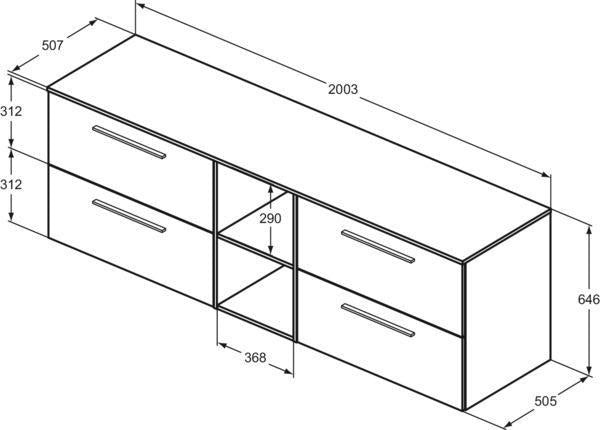 Ideal Standard i.life B Möbel-Set 200 cm, 4 Auszüge, 2 offene Fächer, Chrom, Weiß matt