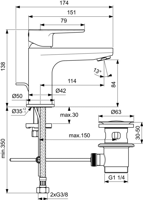 Ideal Standard Cerafine O Waschtischarmatur Chrom 114 mm mit Ablaufgarnitur und Heißwasser-Sparfunktion