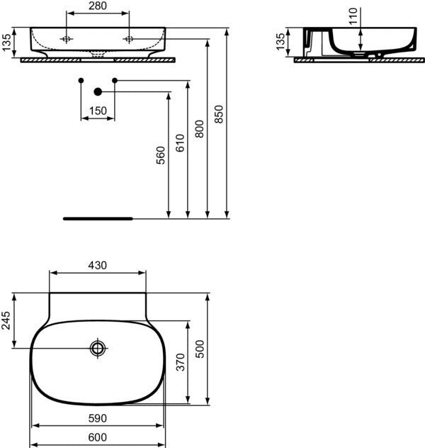 Ideal Standard Waschtisch Linda-X 600x500x135mm Weiß ohne Hahnloch ohne Überlauf