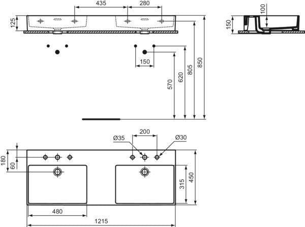 Ideal Standard Doppelwaschtisch Extra 1215 mm Weiß mit Überlauf und je 3 Hahnlöchern