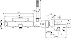 Ideal Standard Extra Badearmatur Aufputz 210 mm mit Stab-Handbrause und Zugumsteller in Chrom