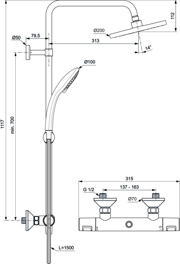 Ideal Standard Duschsystem Ceratherm T25 mit Brausethermostat, Kopf- und Handbrause, Chrom