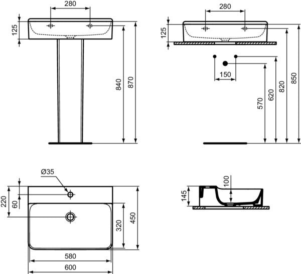 Ideal Standard Conca Aufsatzwaschtisch 600x450x145mm, 1 Hahnloch, ohne Überlauf, Weiß