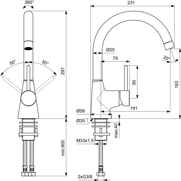 Ideal Standard Nora Küchenarmatur für Vorfenstermontage, Chrom, einhebel, einklappbar