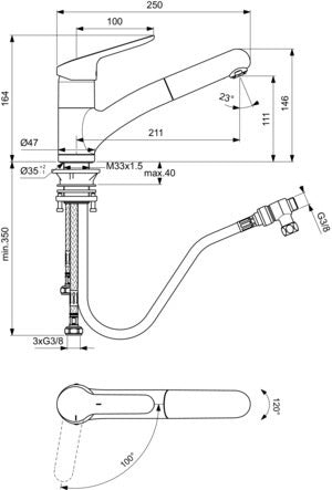 Ideal Standard Ceraflex Küchenarmatur mit Handbrause, Niederdruck, ausziehbar, Chrom